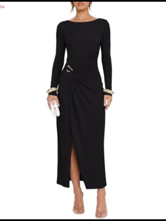 Dresses & Skirts - Long Sleeve Boat Neck Ruched Bodycon Midi Dress Cocktail Party